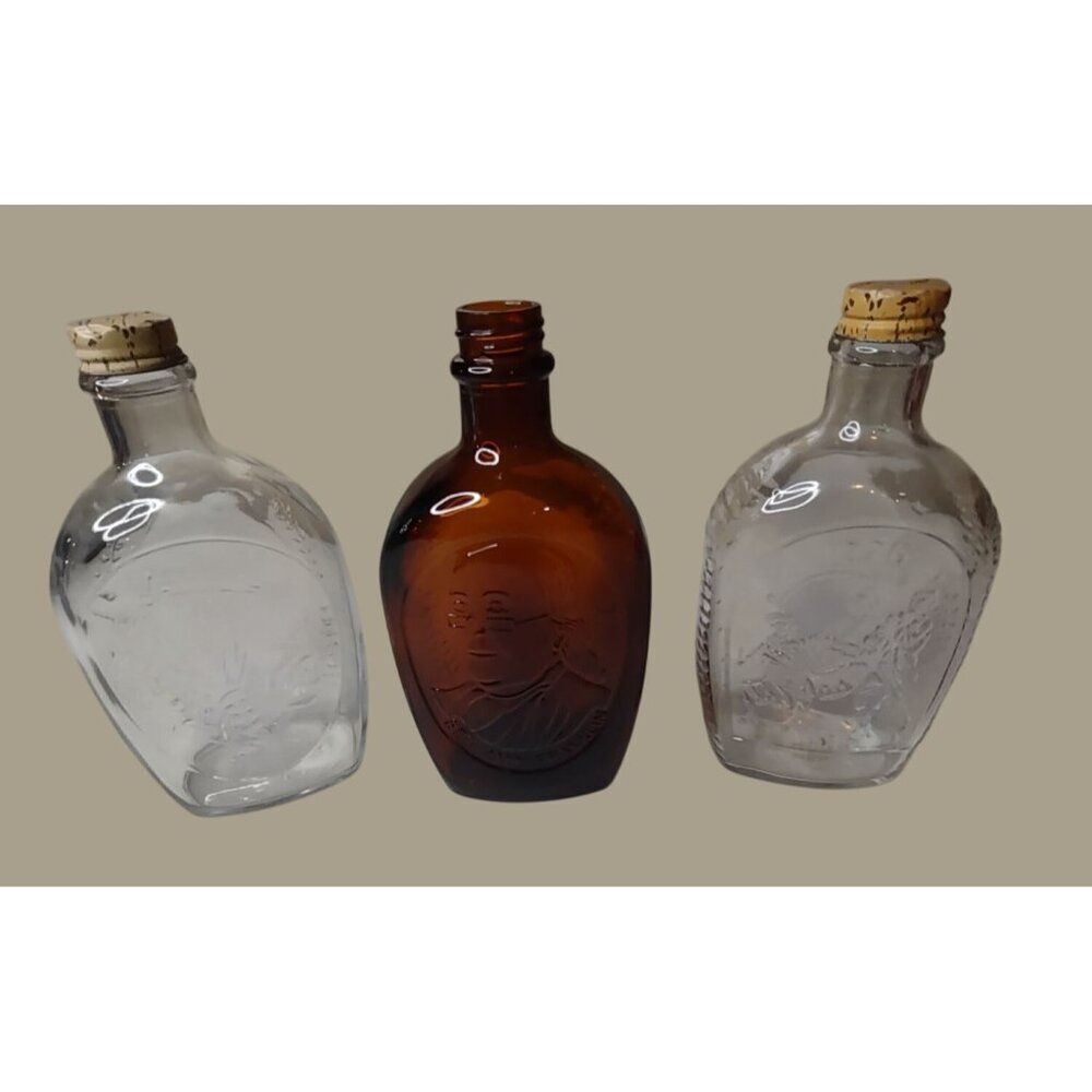 Lot of 3 Log Cabin Syrup Glass Bottles, Ben Franklin, 1776, Native American